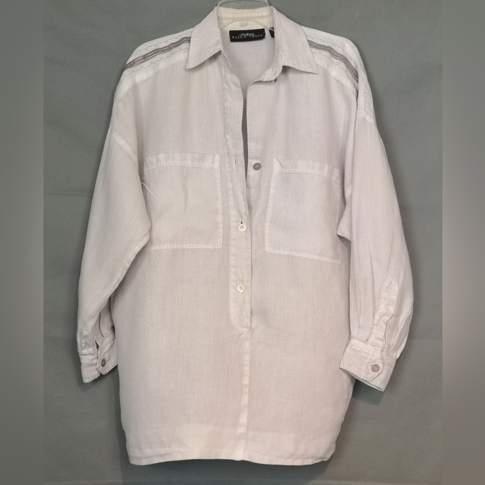 80s Vintage crisp white linen embroidered with silver yoke shirt dress